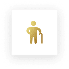 Here are a few alt text options for the image, all within the 8-word limit: * **Golden icon of elderly person with cane** * **Senior citizen icon, walking cane** * **Elderly person using a walking stick** The best option will depend on the specific context of where the image is used.