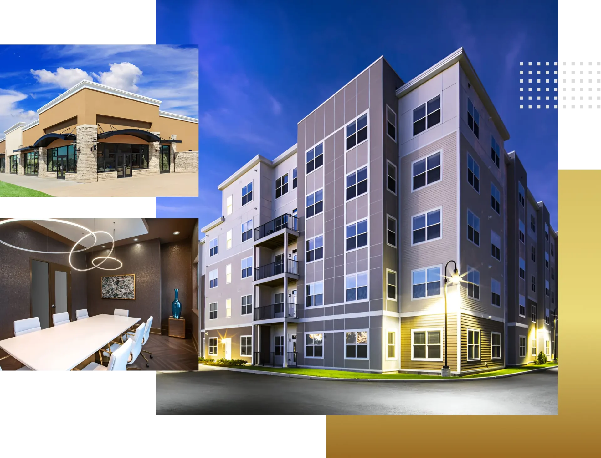Modern apartment building with retail space.