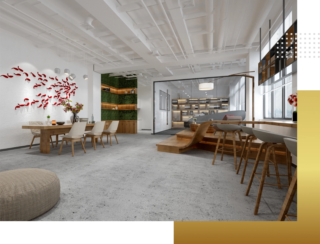Modern office interior design with red fish art.