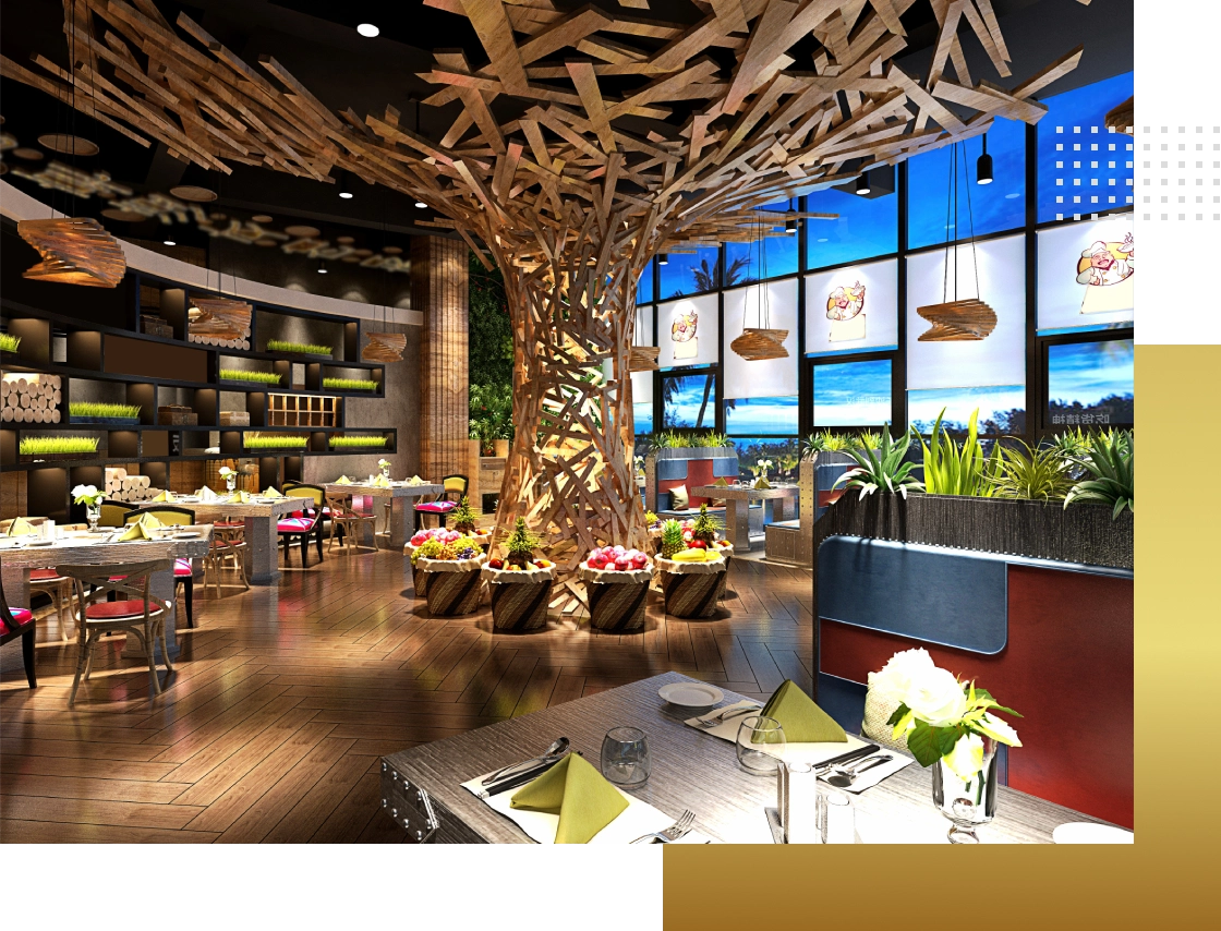Restaurant interior with wooden tree design.