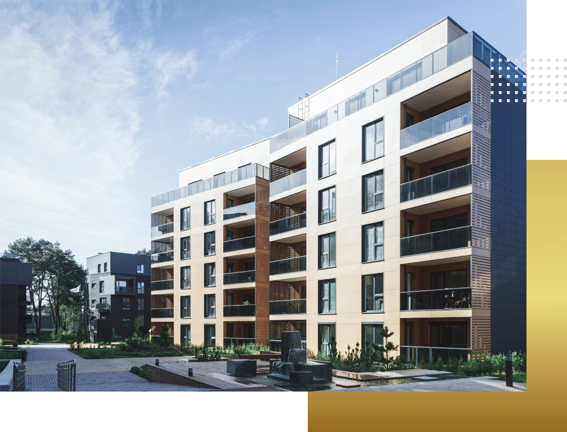 Modern apartment building with balconies.