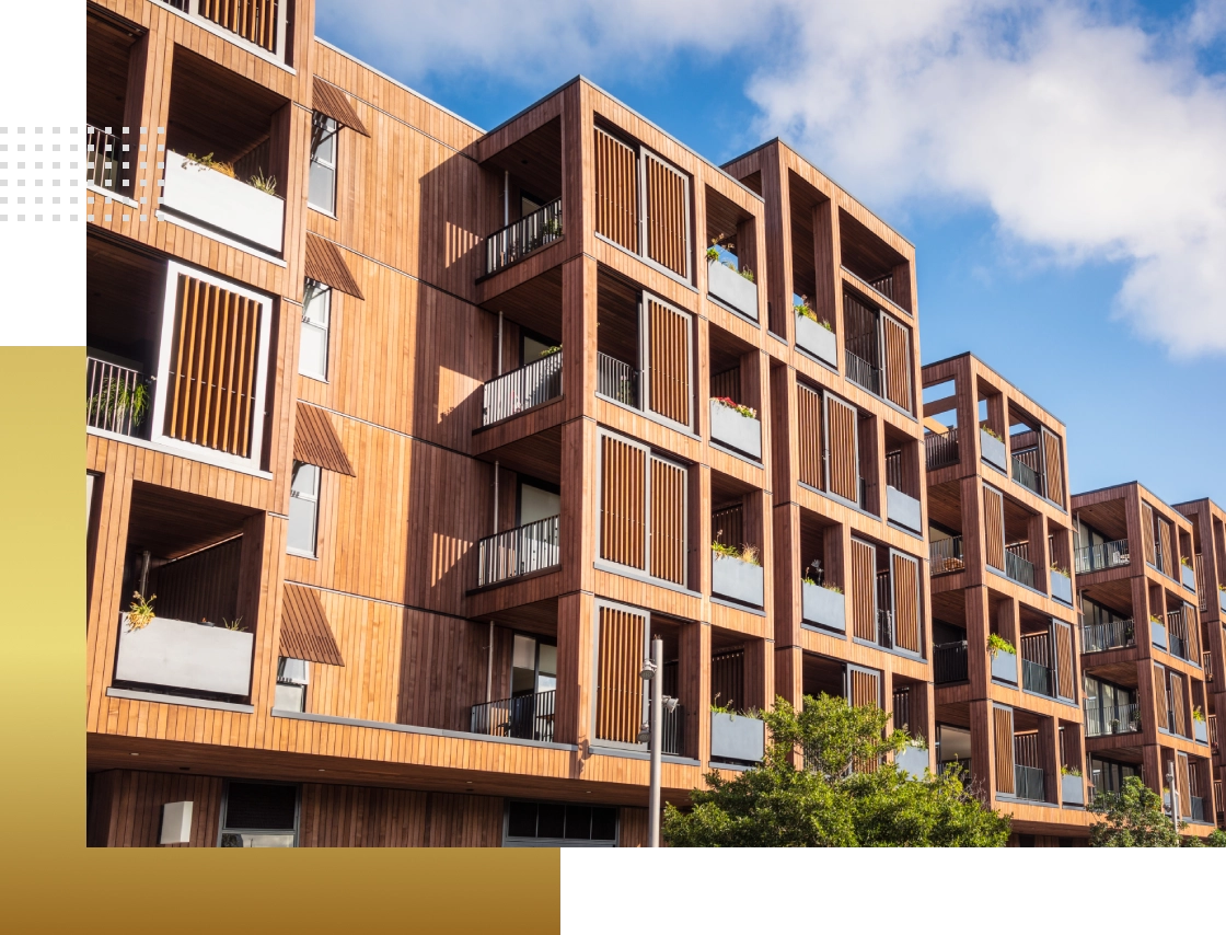 Modern wood apartment building exterior.