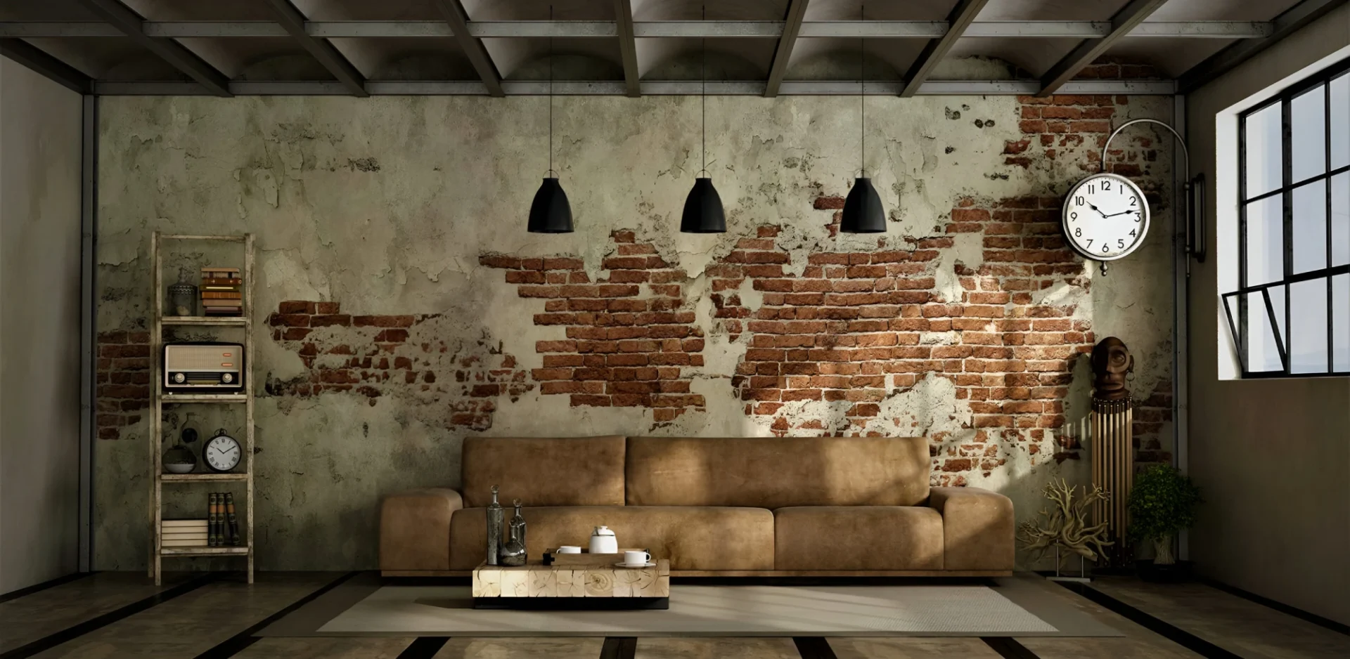 Industrial-style living room with exposed brick.