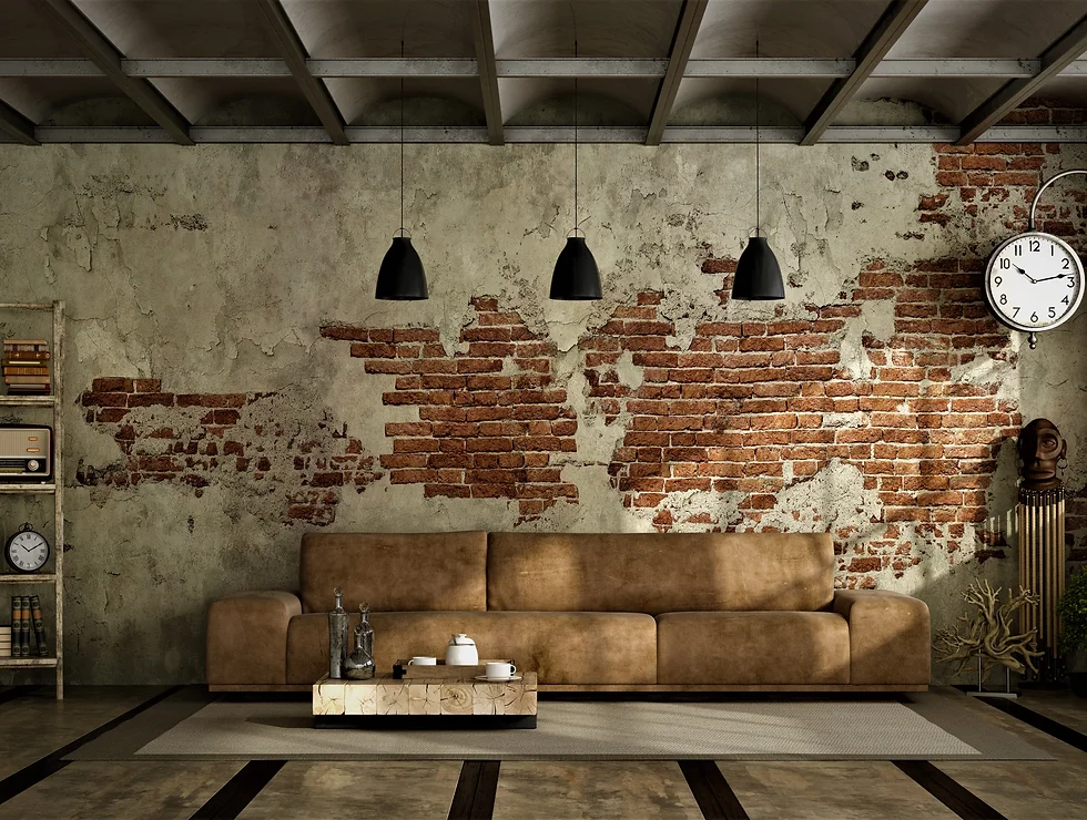 Brown leather sofa in industrial loft.