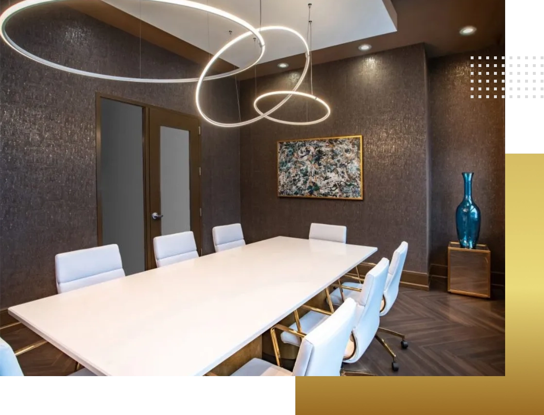 Modern conference room with white table.